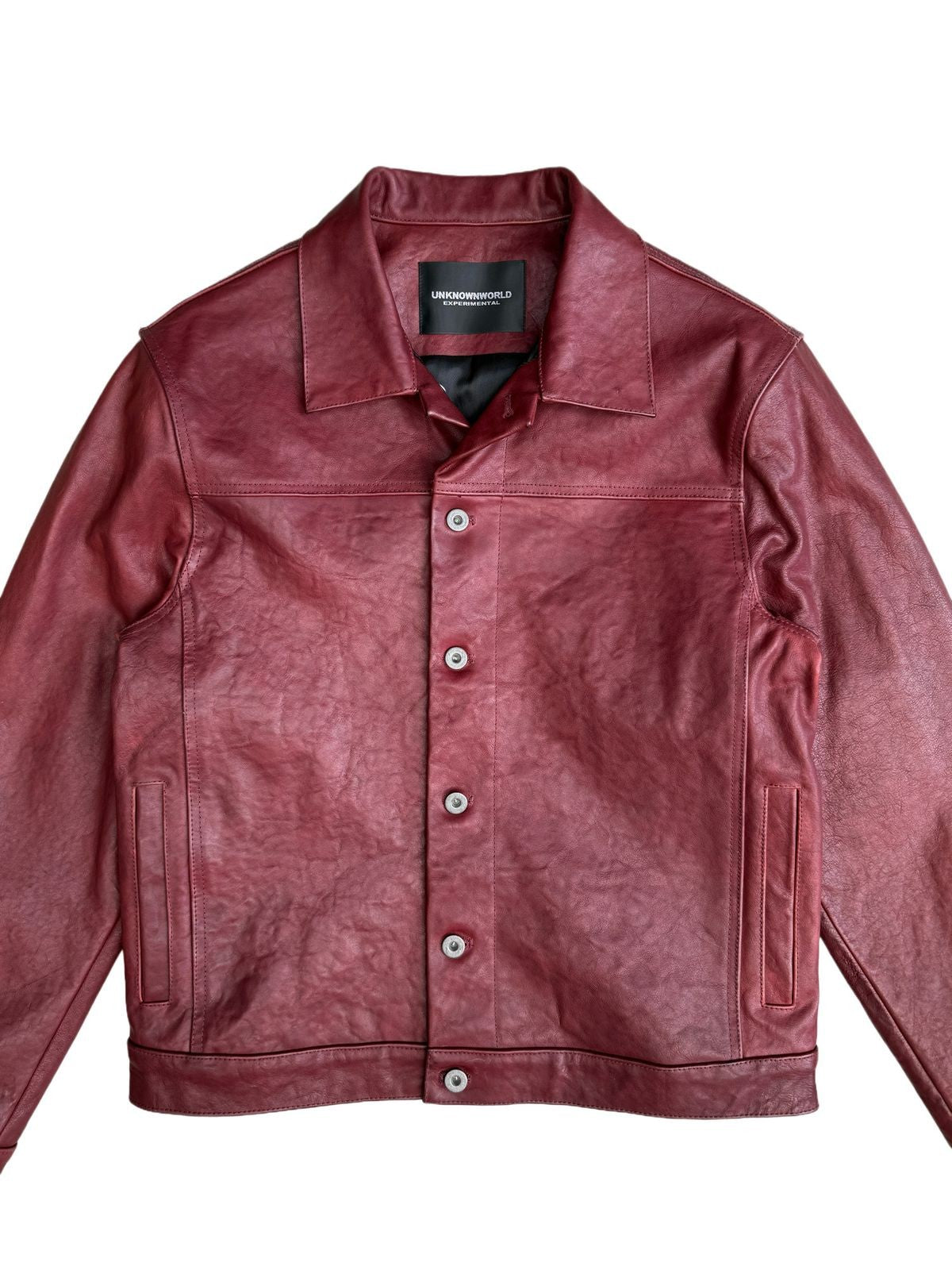 UNKNOWNWORLD Distressed Scarlet Leather Jacket in Red