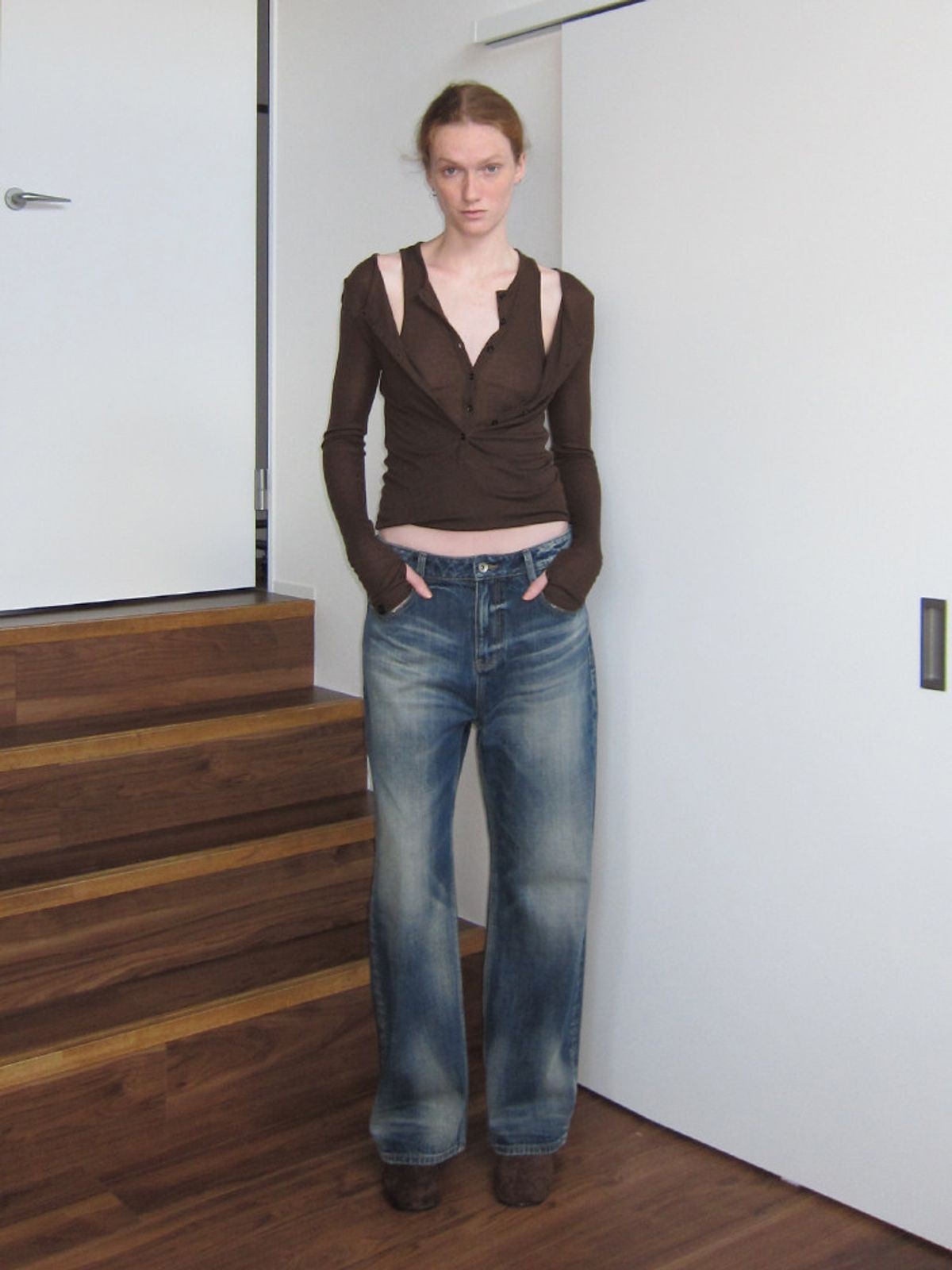 RARELY ALIKE Washed Low Rise Straight Jeans in Blue - On Model