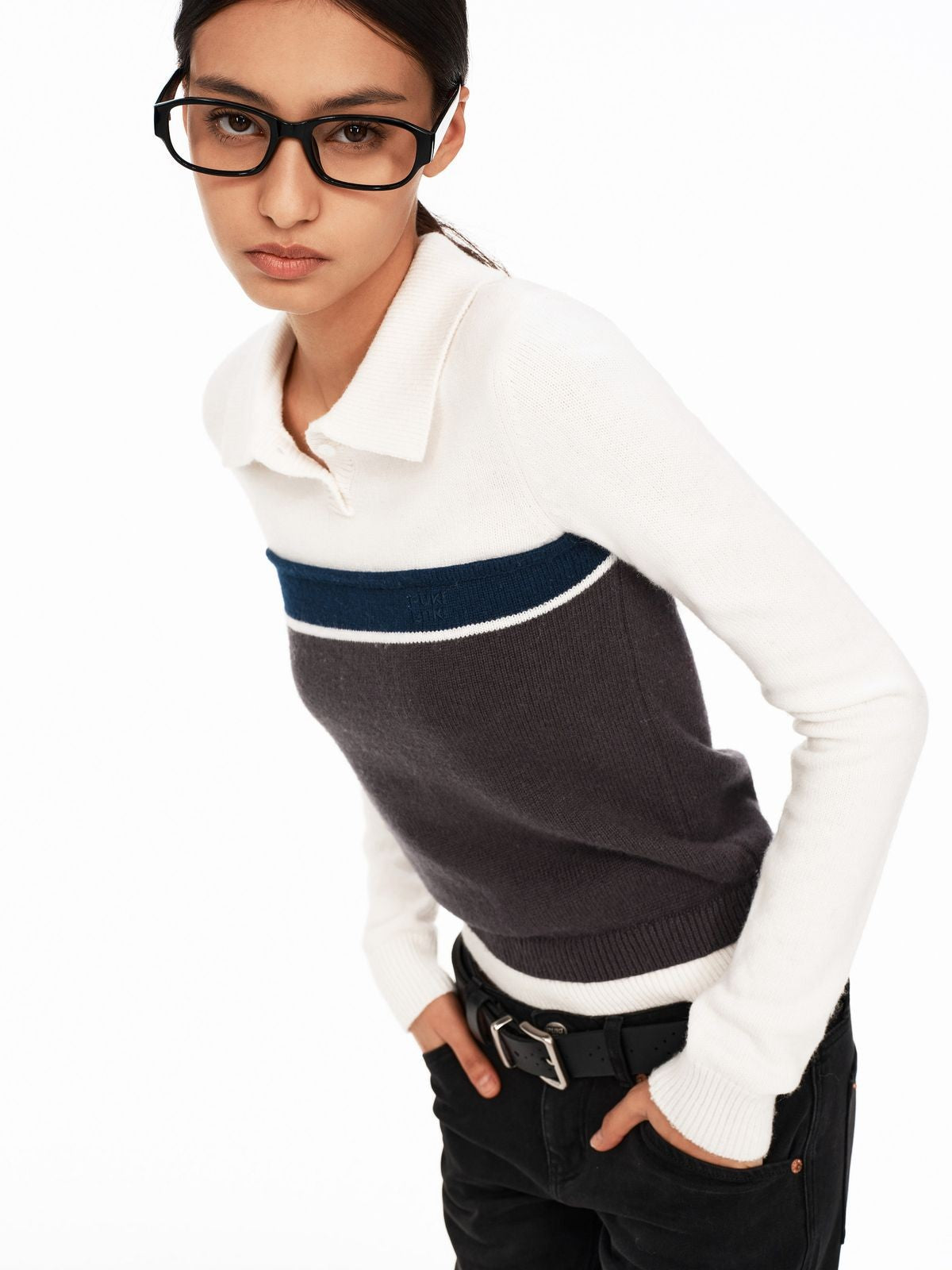 PUKI Colorblock Wool Blend Polo Sweater in White - On Model