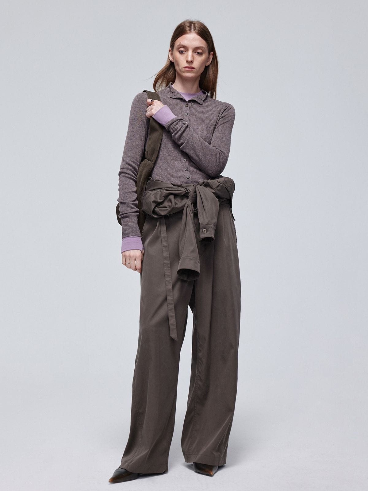 Simple Project High Neck Ribbed Wool Cardigan in Purple - On Model