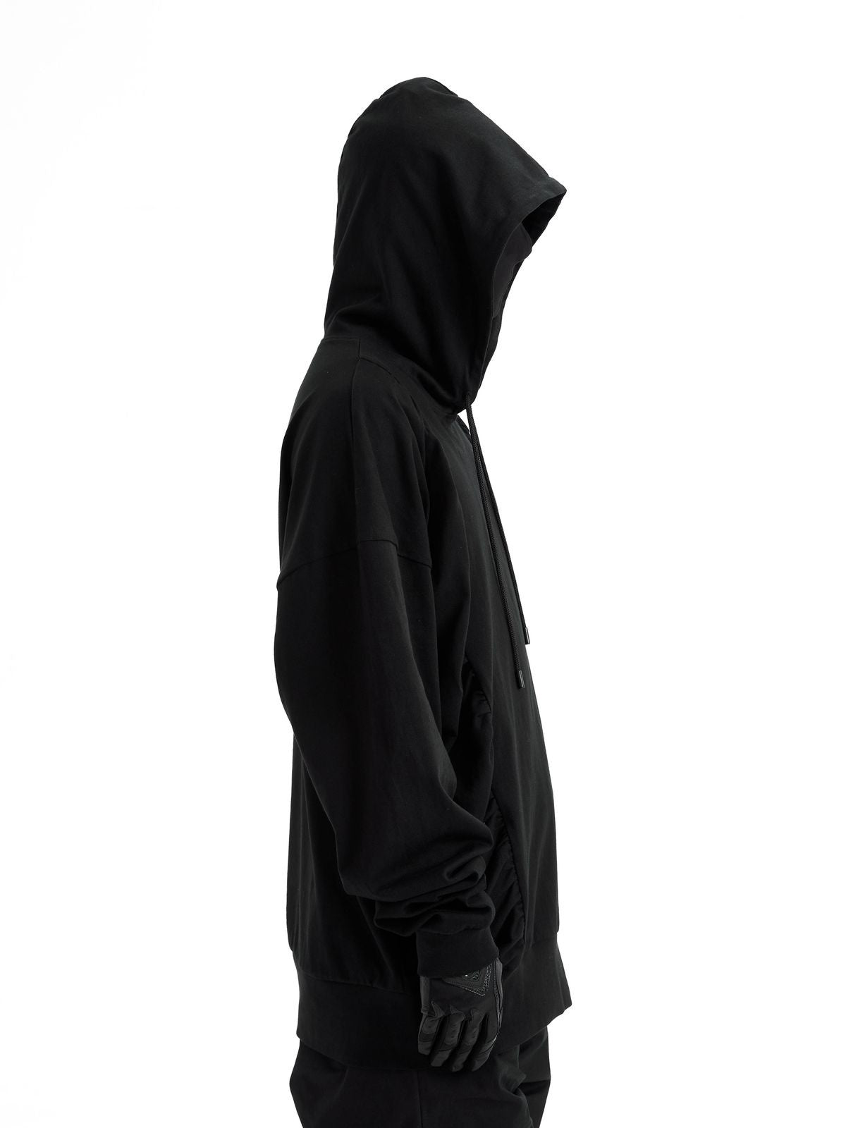 TRIANGLE PROJECT Pleated Patchwork Hoodie in Black - On Model