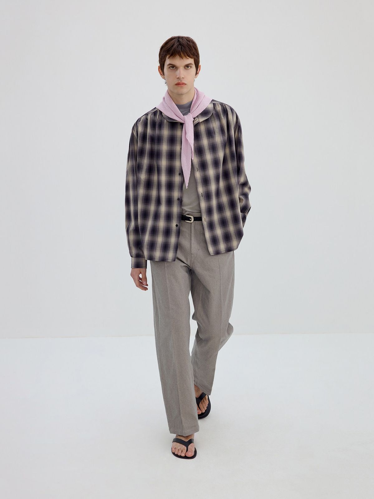 Simple Project Ruched Plaid Shawl Collar Shirt in Off-White - On Male Model