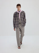 Simple Project Ruched Plaid Shawl Collar Shirt in Off-White - On Male Model