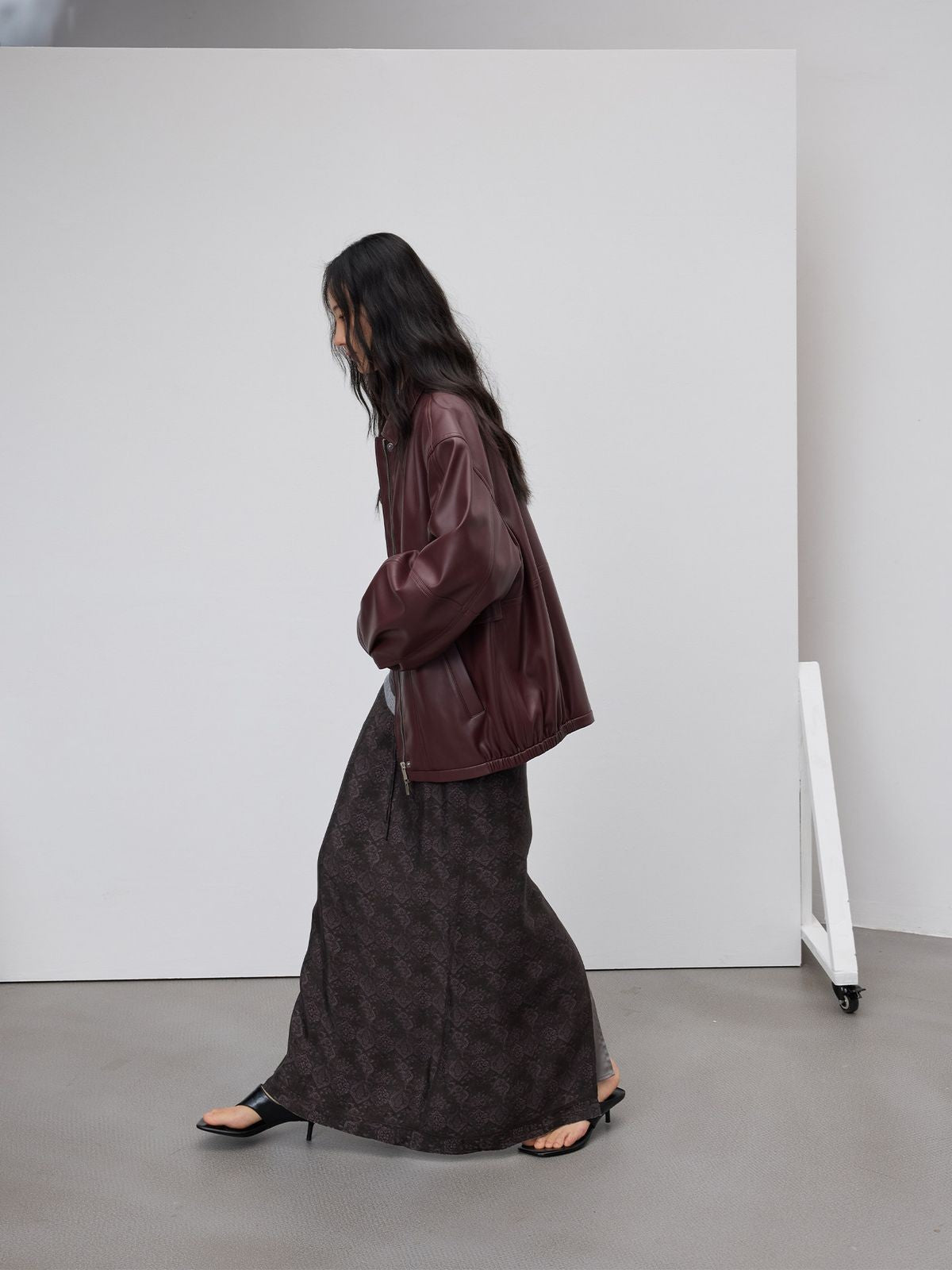 RandomPiece Oversized Matte Faux Leather Jacket in Burgundy - On Model