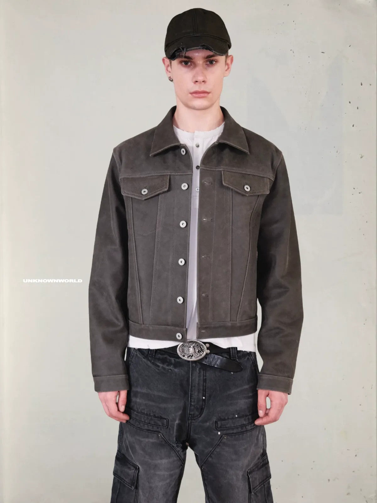 UNKNOWNWORLD Cracked Leather Type 3 Jacket in Green - On Model