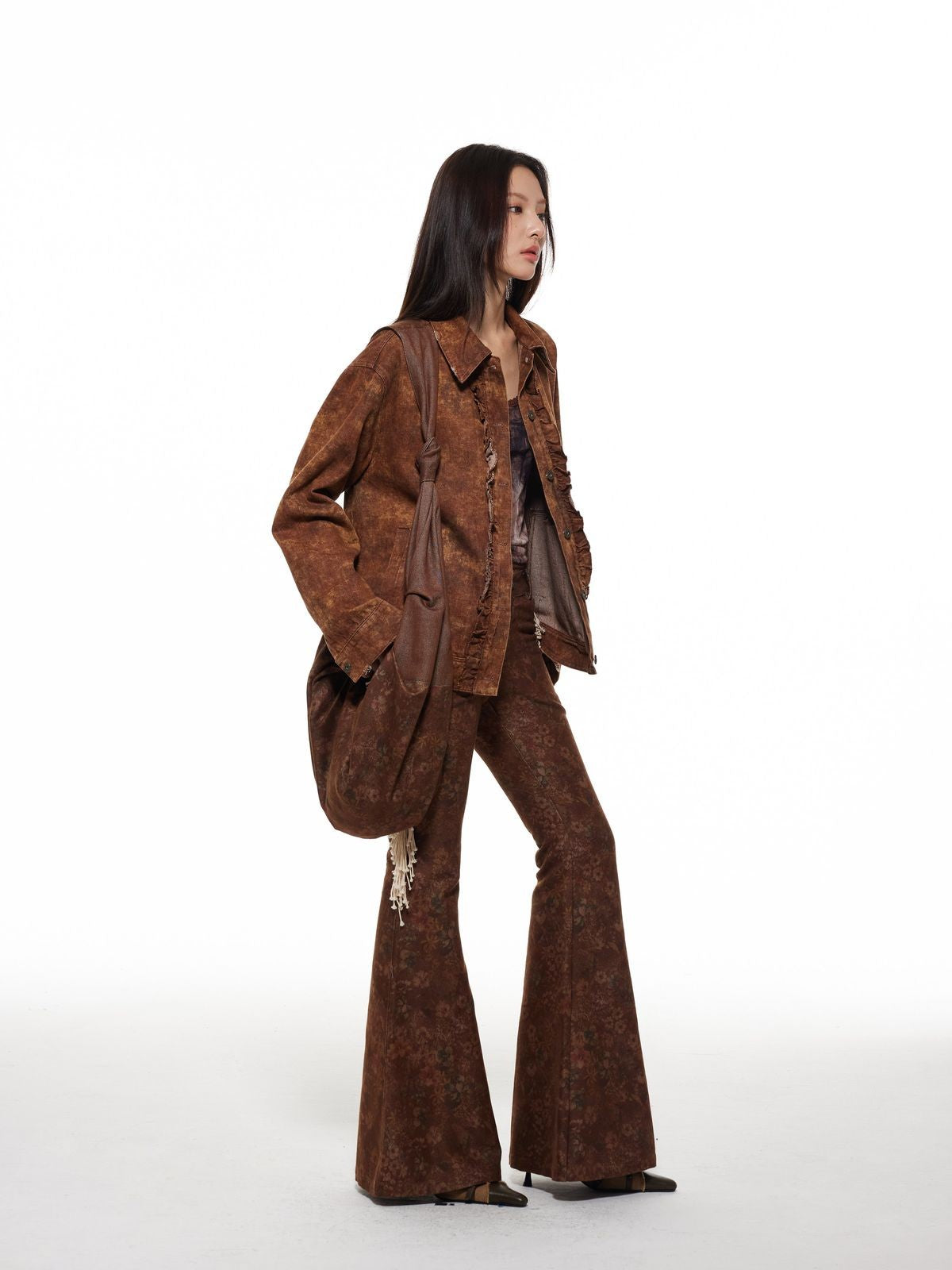 THELIGHT OFFICIAL Distressed Brown Ruffle Trim Jacket in Brown - On Model