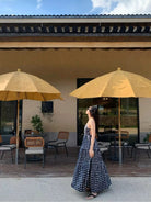 1S STUDIO Polka Dot Open Back Maxi Dress in Blue - On Model