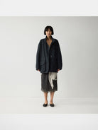 RandomPiece Distressed Cotton Stand Collar Jacket in Navy Blue - On Model