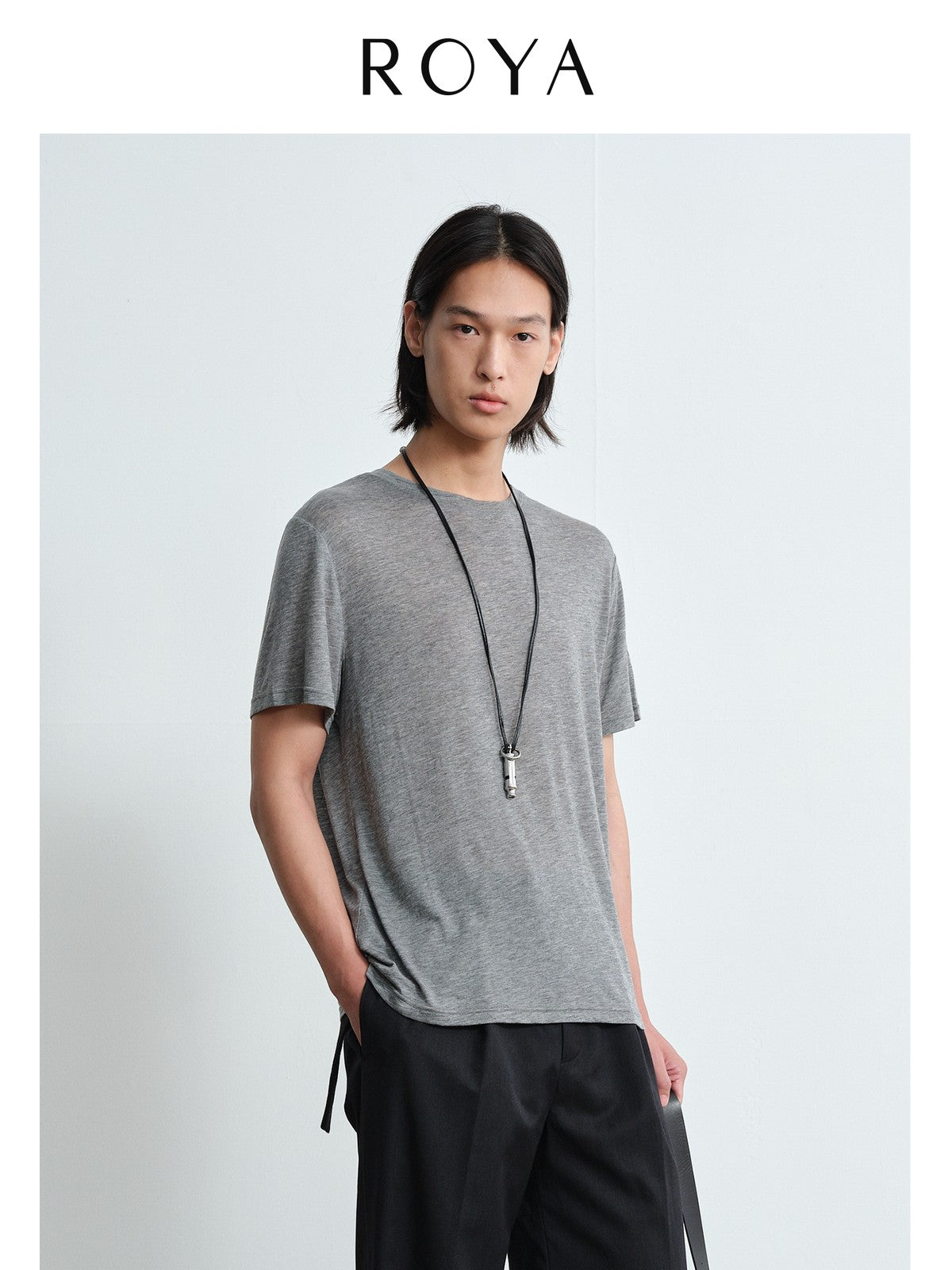 ROYA Lyocell Wool Blend Crewneck in Heather Gray - On Model