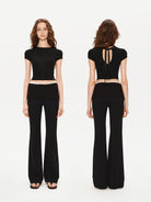 PUKI Ribbed Waist Micro Flare Pants in Black - On Model