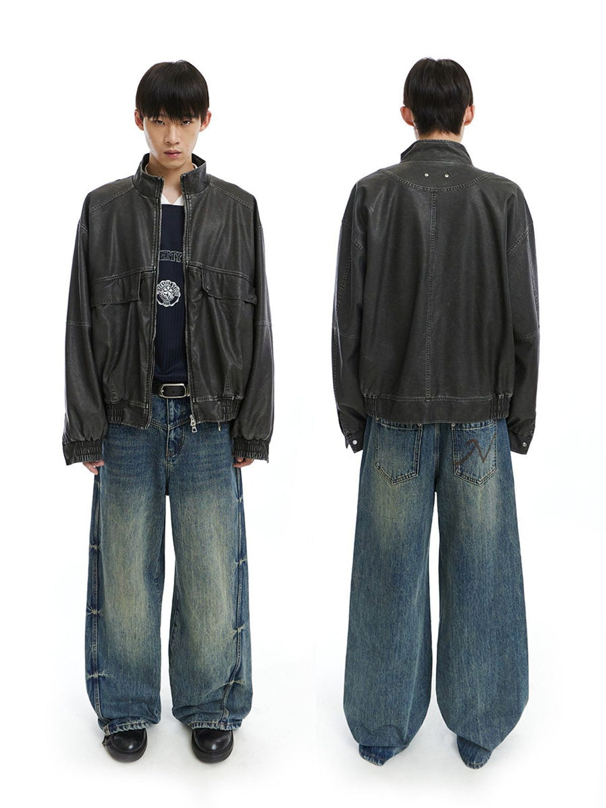 NeverSeez Distressed PU Leather Bomber in Black - On Male Model