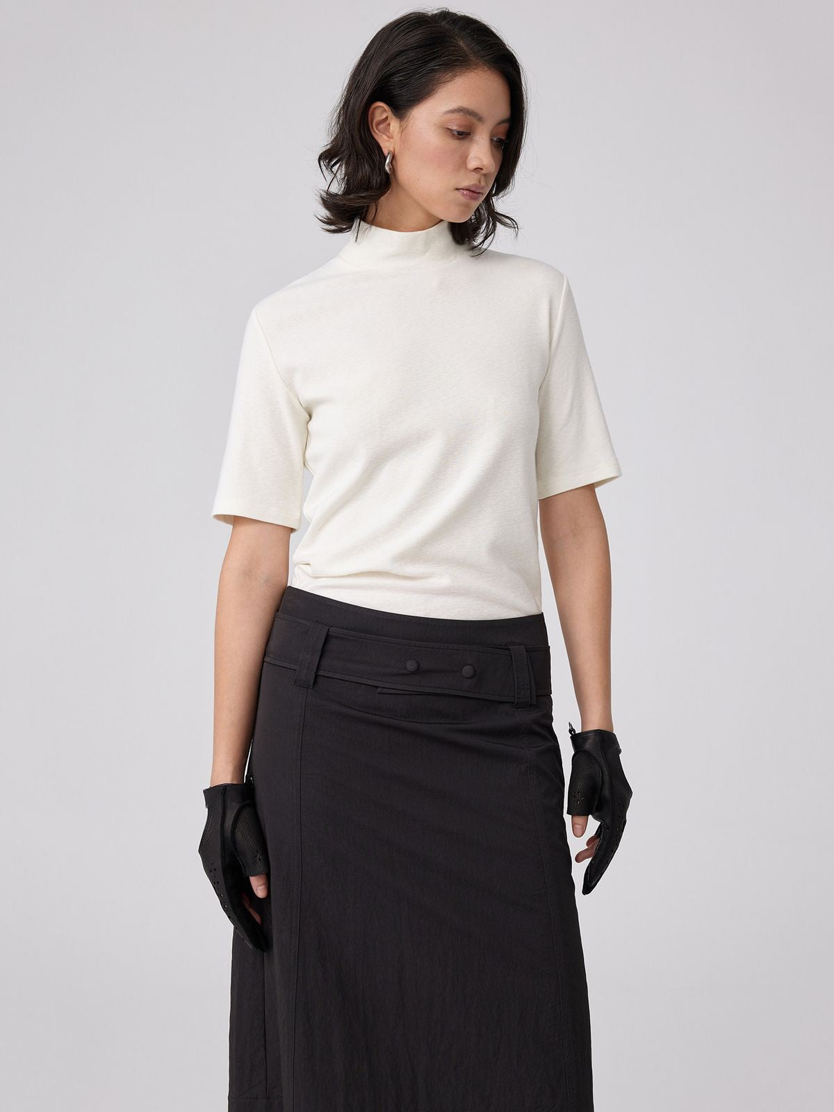 Simple Project Slub Knit Mock Neck Top in White - On Model