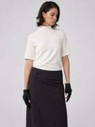 Simple Project Slub Knit Mock Neck Top in White - On Model