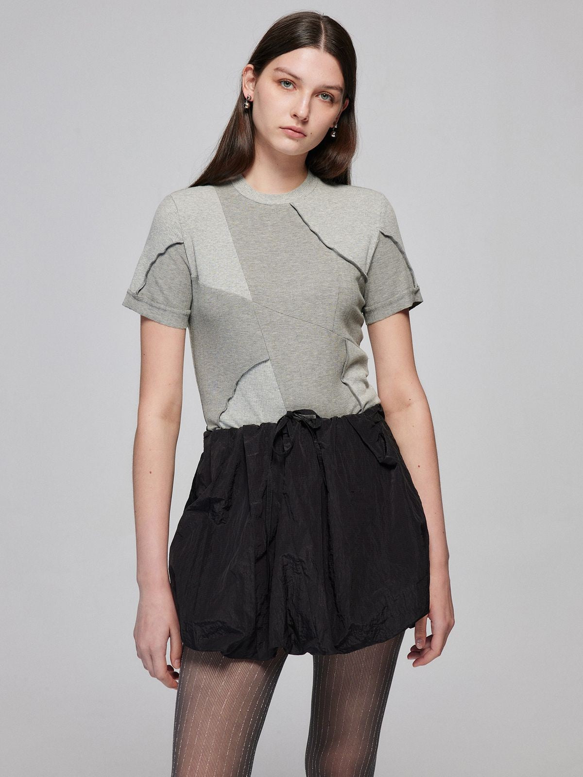 Simple Project Asymmetric Paneled Ribbed Tee in Gray - On Model
