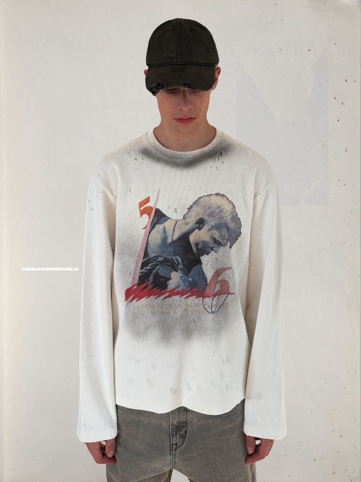 UNKNOWNWORLD Distressed Waffle Knit Pullover in White - On Model