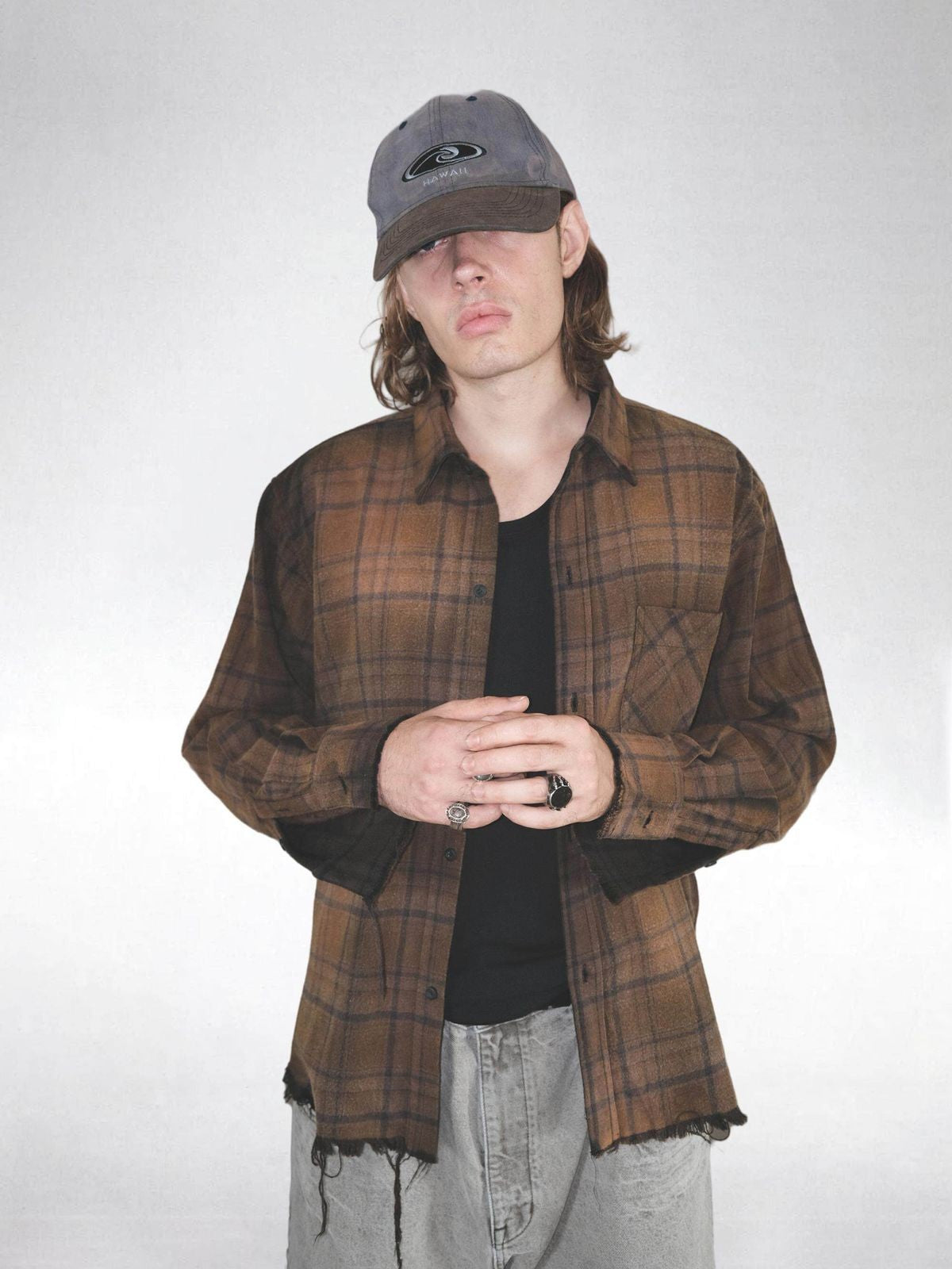 UNKNOWNWORLD Distressed Raw Hem Plaid Shirt in Coffee - On Model