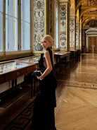 1S STUDIO Mesh Cutout Ruffle Halter Dress in Black - On Model