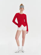 Amee Red Wool Blend Knit Cardigan in Red - On Model