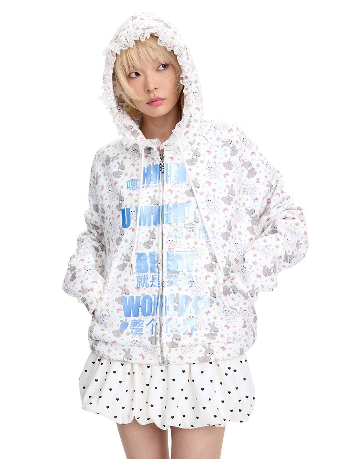 CFIERCE Cat Rabbit Print Lace Trim Hoodie in White - On Female Model