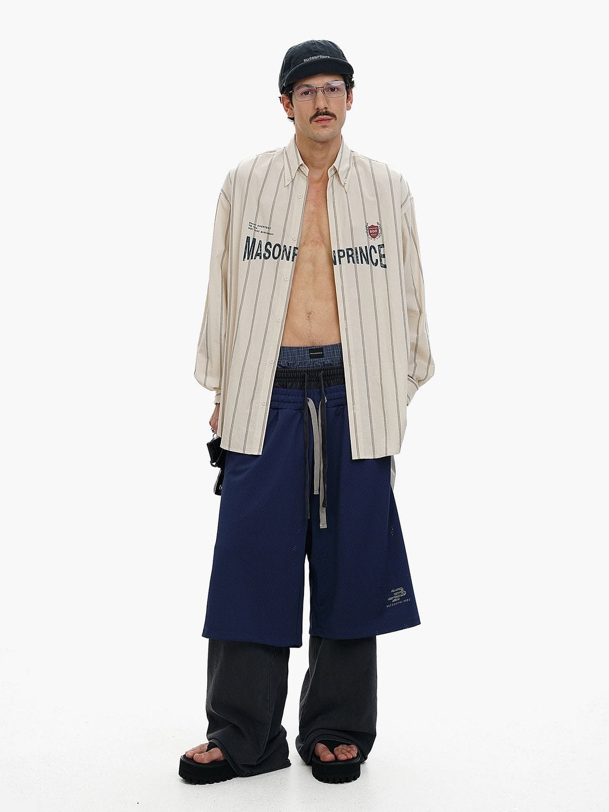 MasonPrince Distressed Striped Badge Shirt in White - On Model