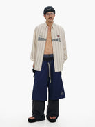 MasonPrince Distressed Striped Badge Shirt in White - On Model