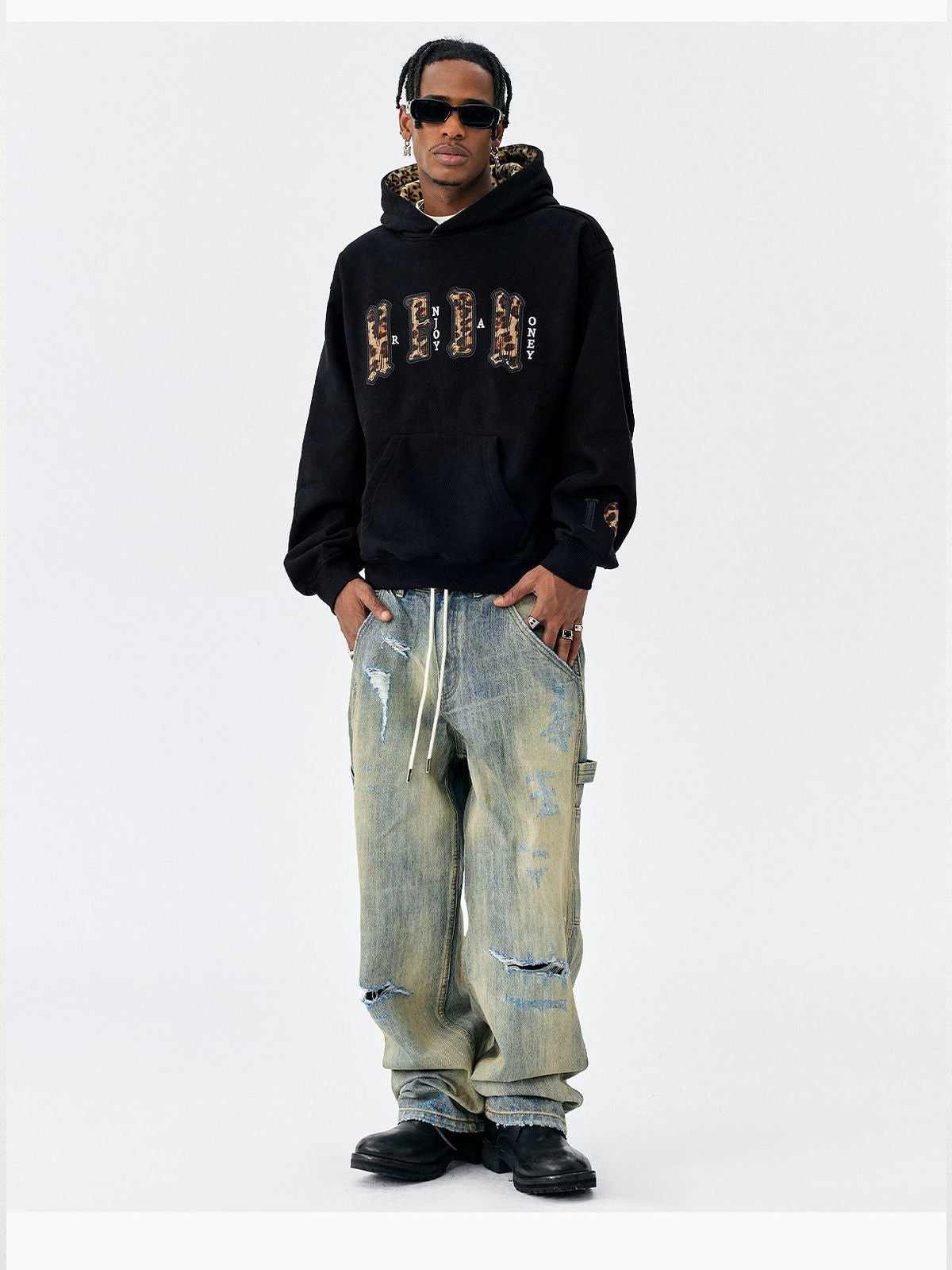 MEDM Leopard Lined Fleece Hoodie in Black - On Male Model