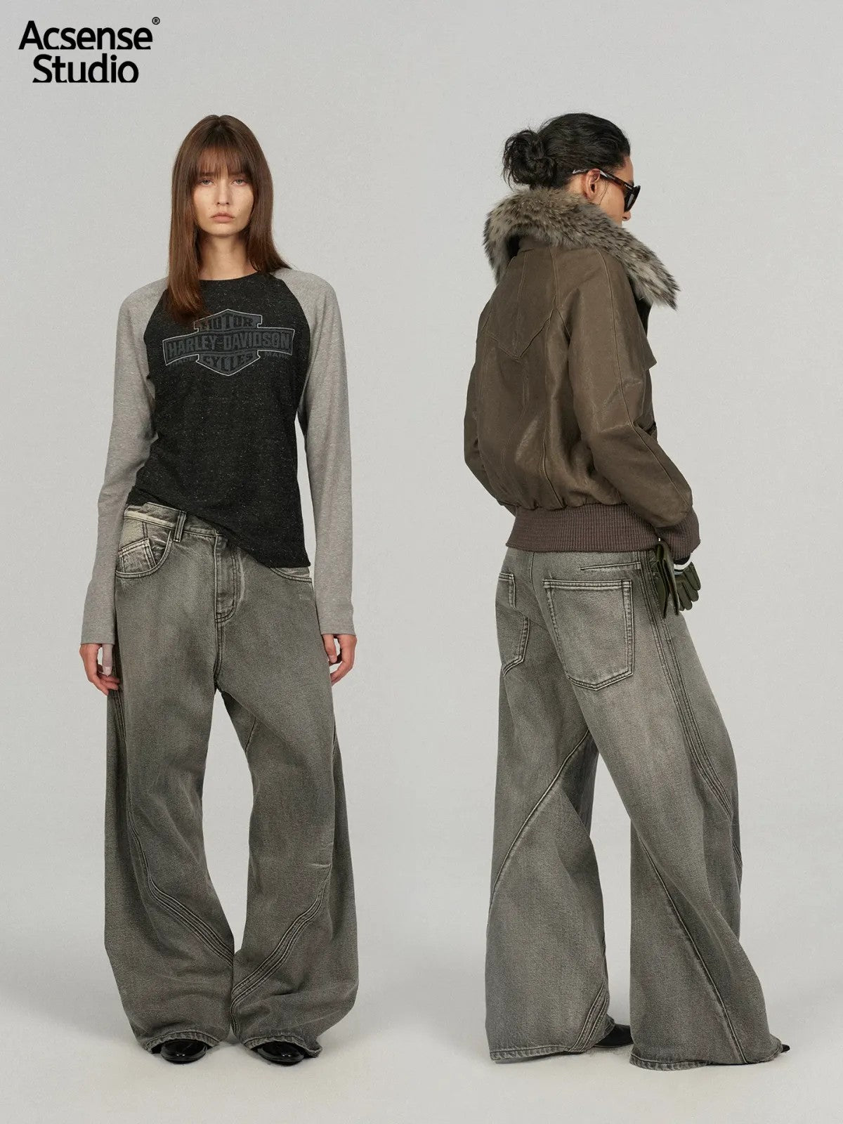 ACSENSE STUDIO Twisted Seam Snow Wash Jeans in Gray - On Model