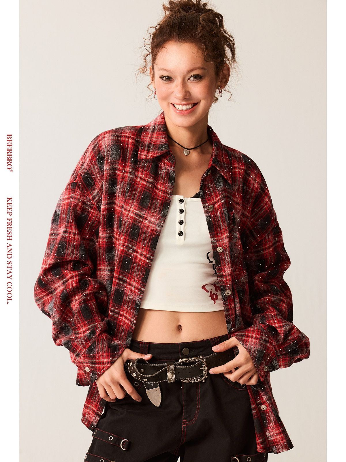 Beer Bro Rhinestone Plaid Shirt Jacket in Black - On Model