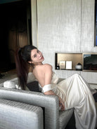 1S STUDIO Acetate Satin Strapless Dress in White - Lifestyle