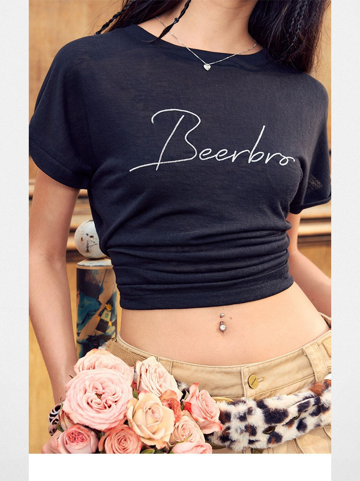BeerBro Embroidered Tencel Cinched Tee in Black - On Model