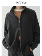 ROYA Wool Blend Zip Up Cardigan in Gray - On Model