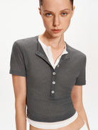 PUKI Faux Layered Knit Henley in Gray - On Model