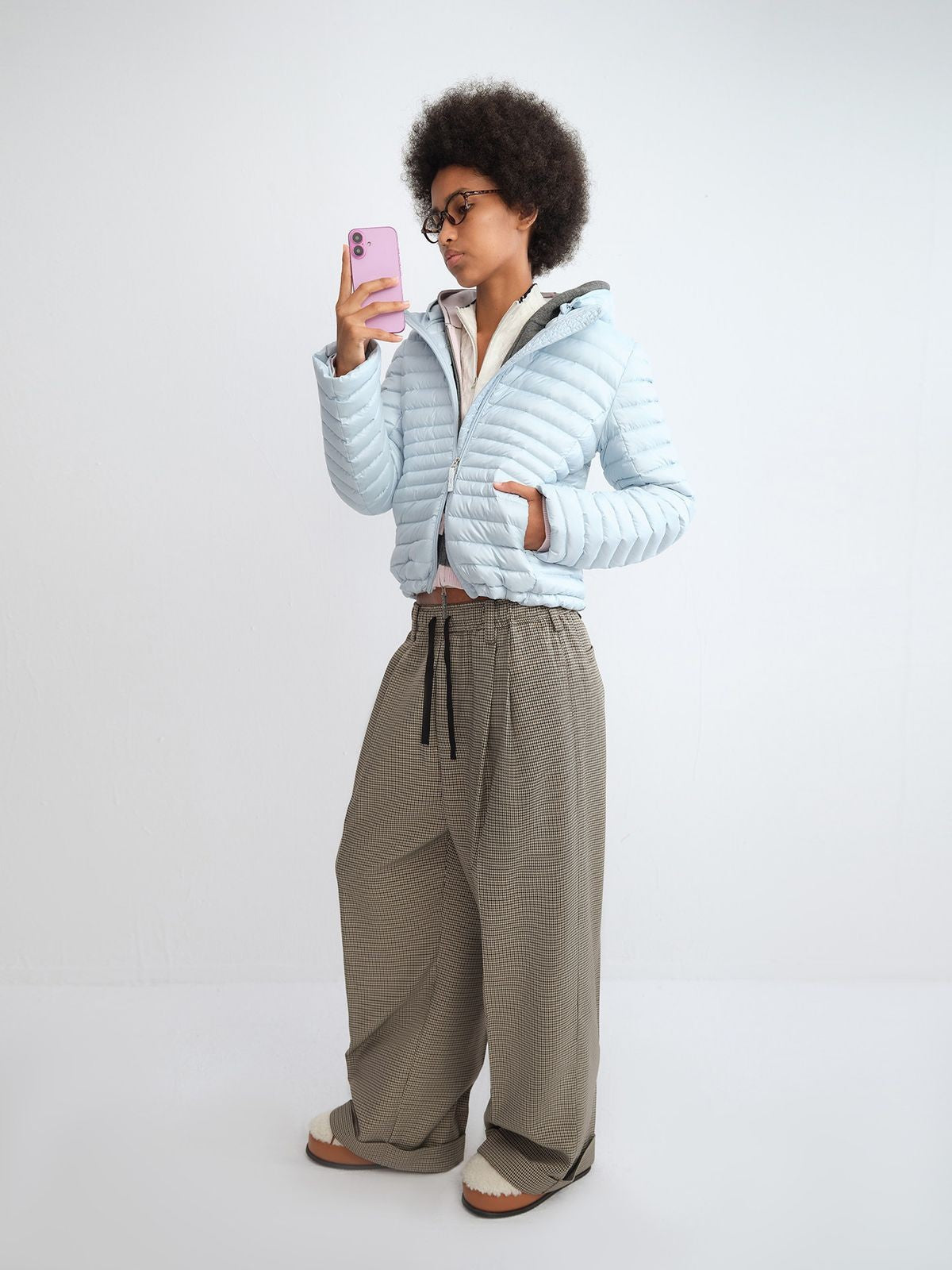 RARELY ALIKE Detachable Hood Down Puffer in Sky Blue - On Model