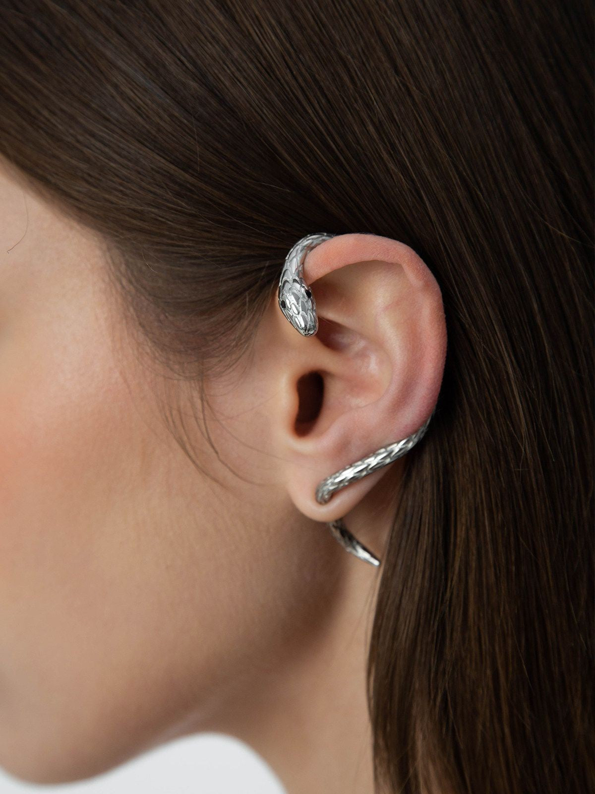 BLACKHEAD Exaggerated Snake Ear Cuff in Silver - On Female Model