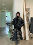 NeverSeez Spliced Plaid Linen Maxi Skirt in Black - On Model