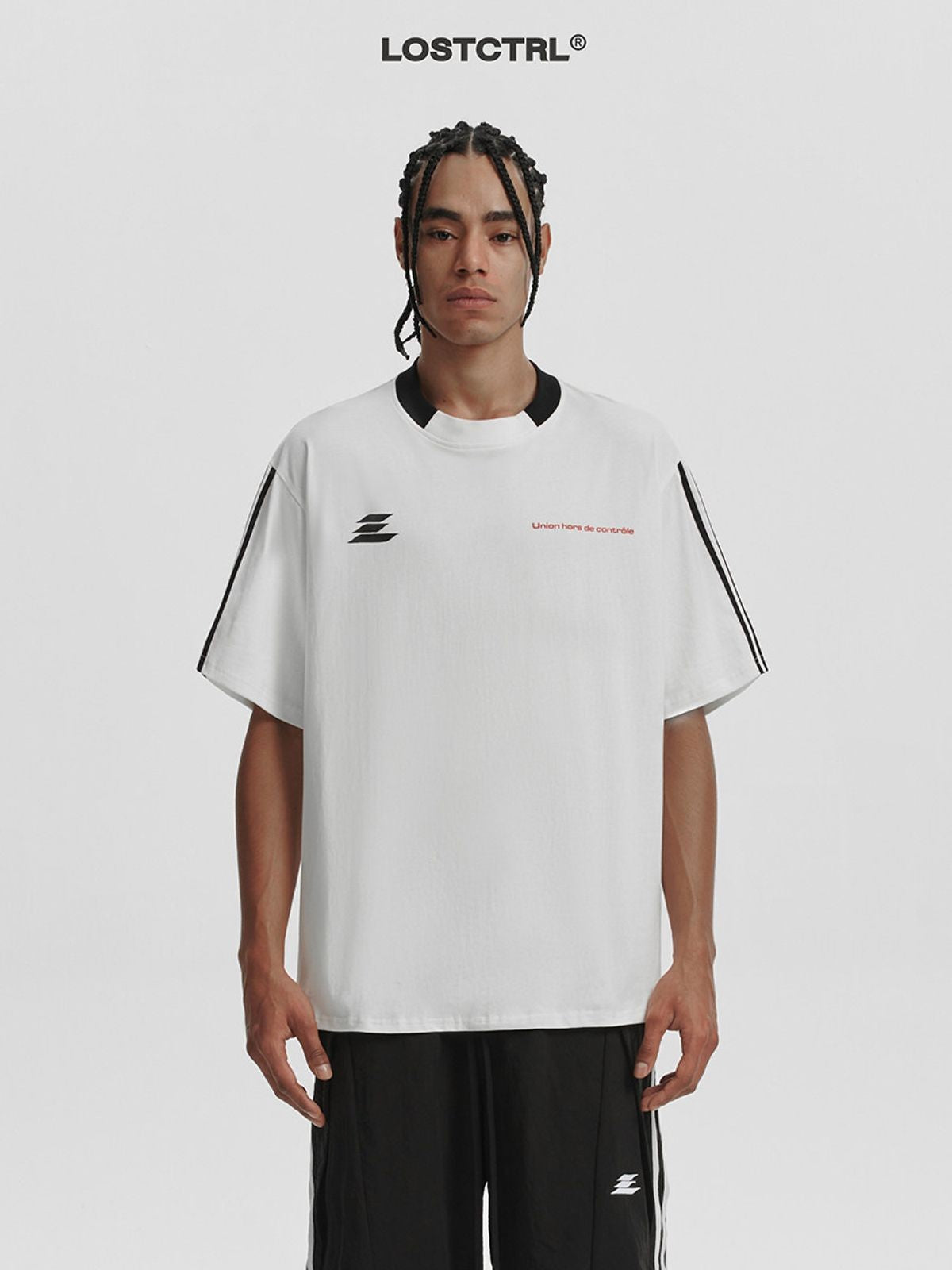 LOSTCTRL Spliced Collar Striped T Shirt in White - On Model