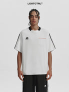 LOSTCTRL Spliced Collar Striped T Shirt in White - On Model