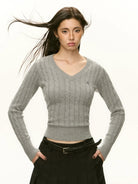 Ariseism Slim V Neck Cable Knit Sweater in Gray - On Model
