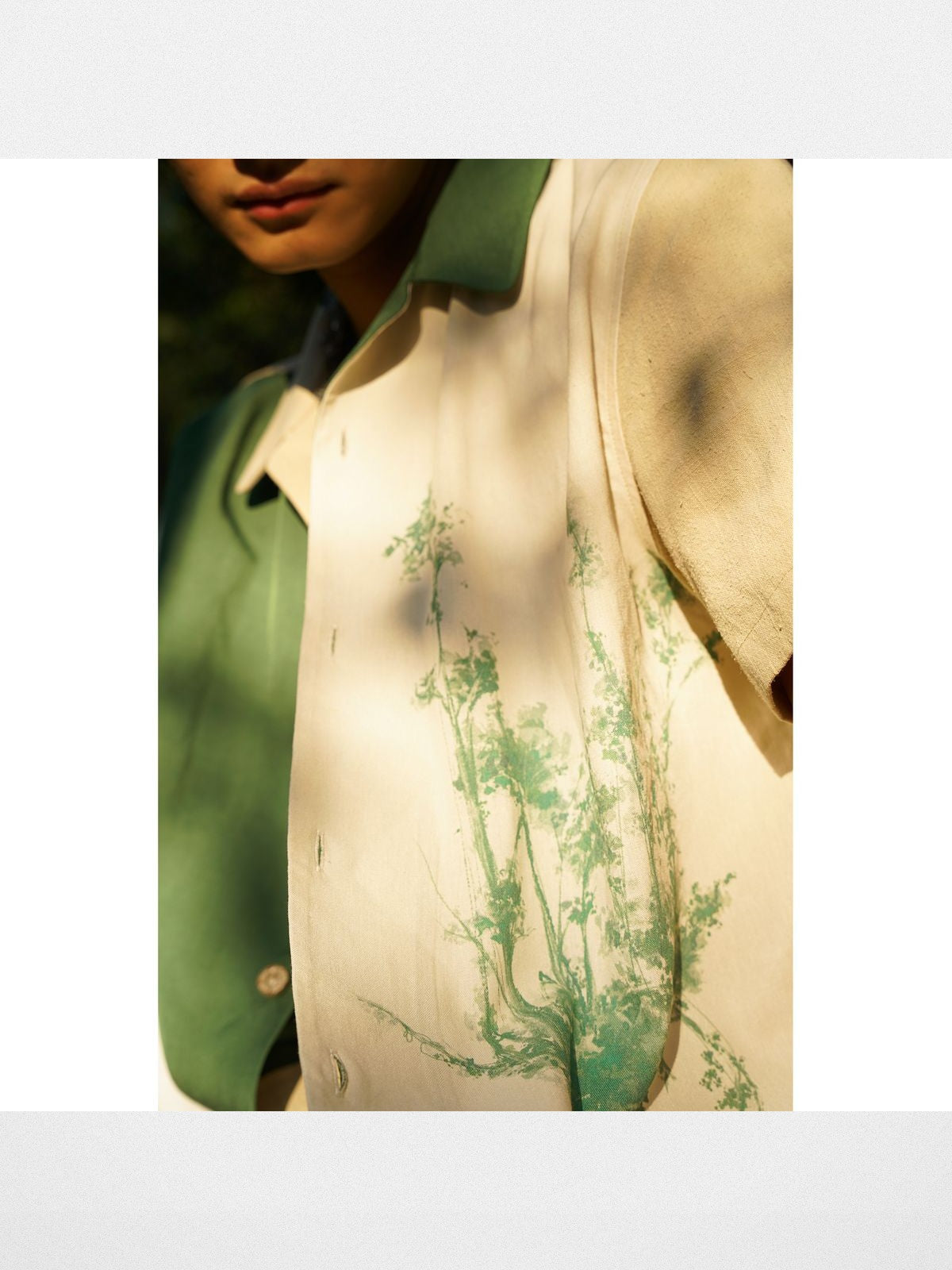 Retro 21 Cotton Linen Patchwork Shirt in Green - On Male Model