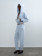 RARELY ALIKE Comfort Club Graphic Zip Up Hoodie in Sky Blue - On Model