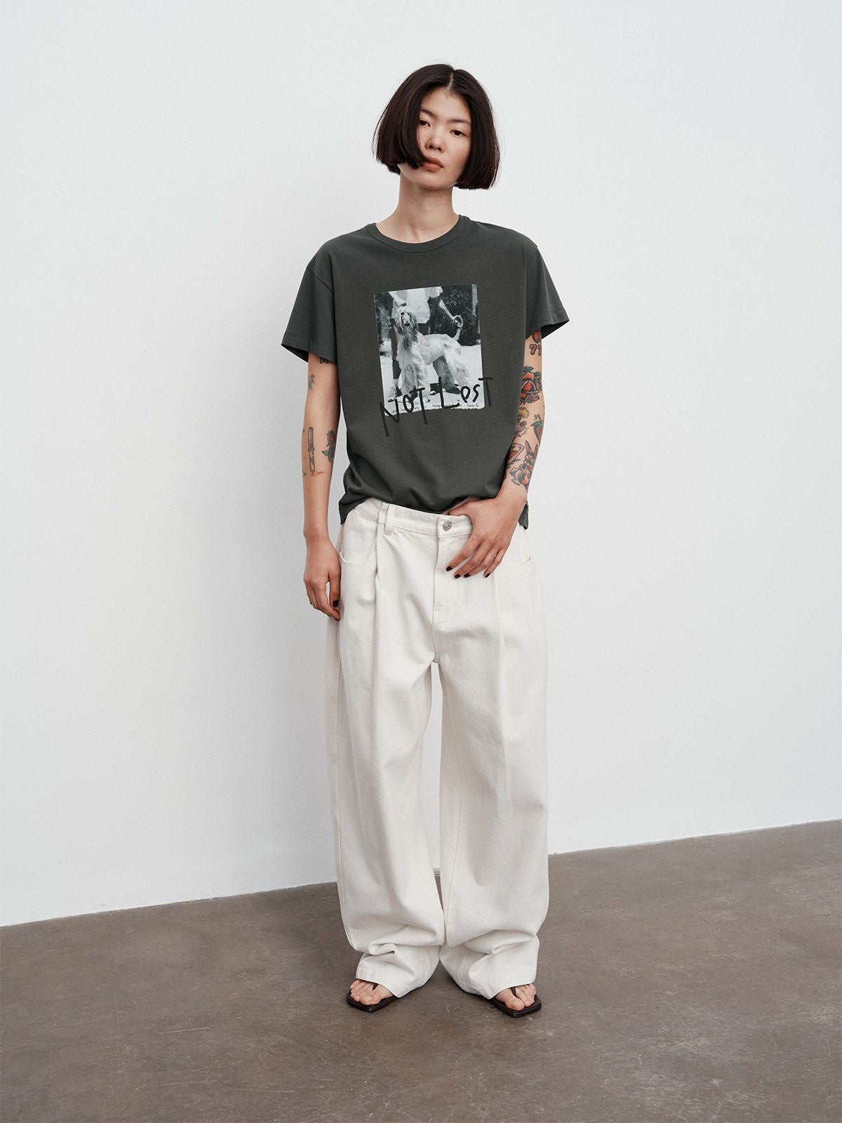 RandomPiece Dog Graphic Print T Shirt in Olive - On Model