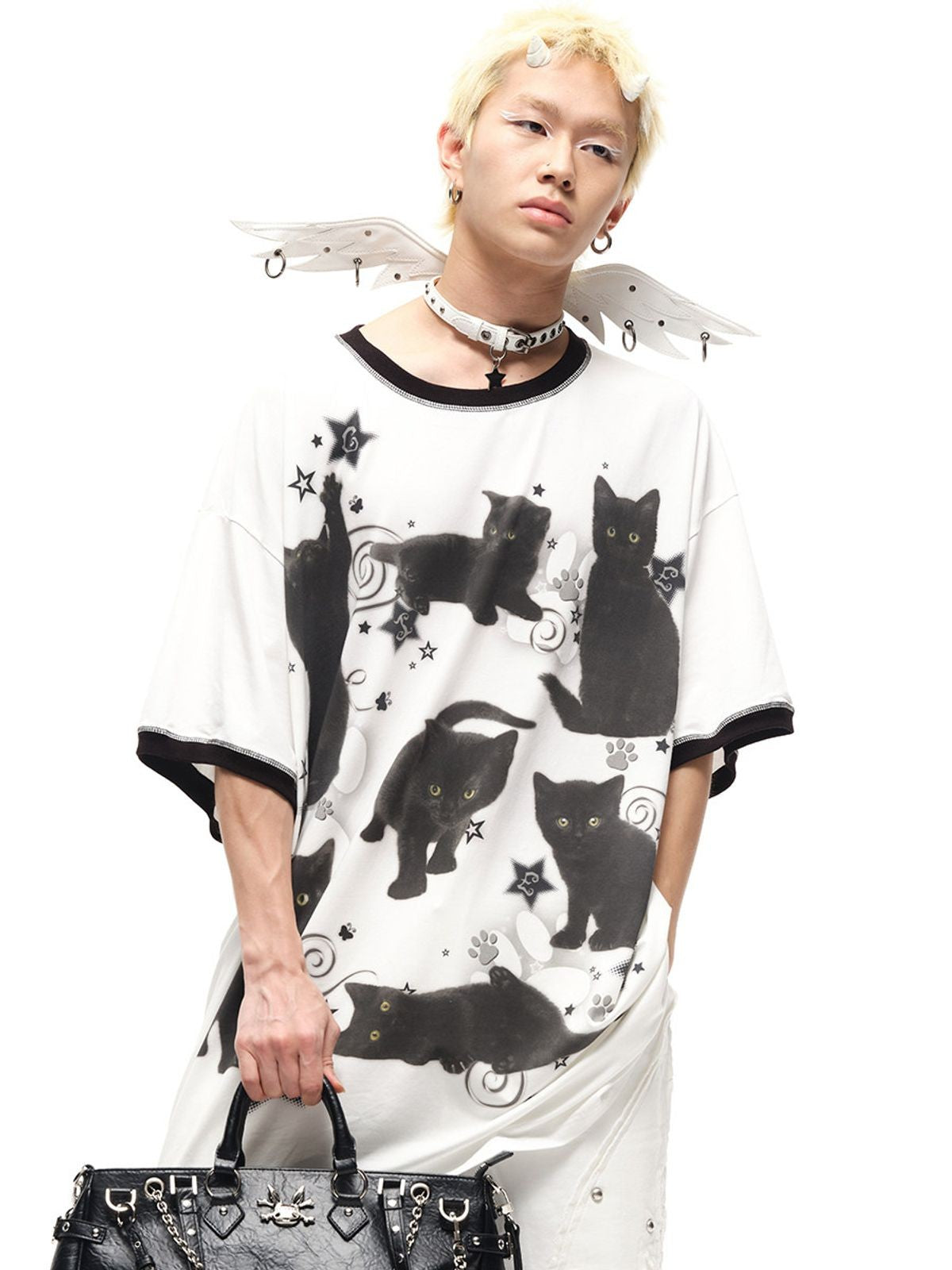 CFIERCE Black Cat Graphic Ringer T Shirt in White - On Male Model