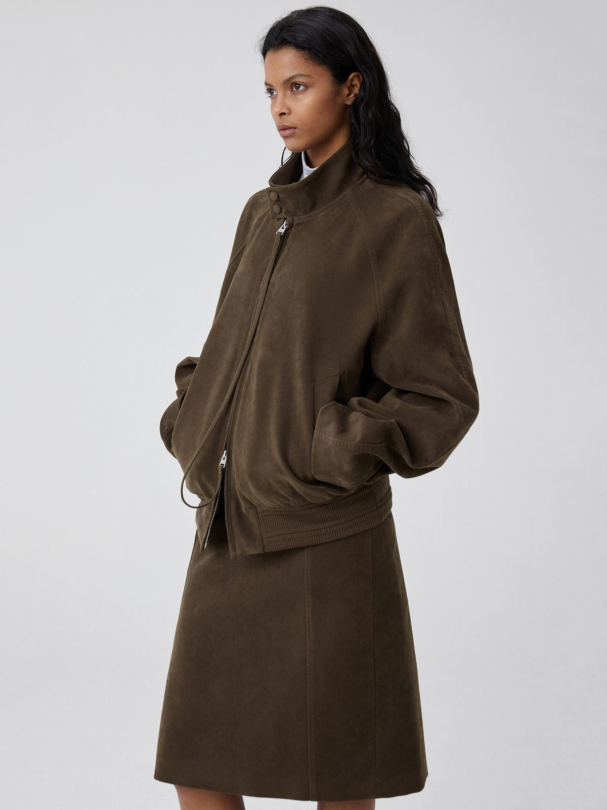 Simple Project Suedette Harrington Jacket in Brown - On Model