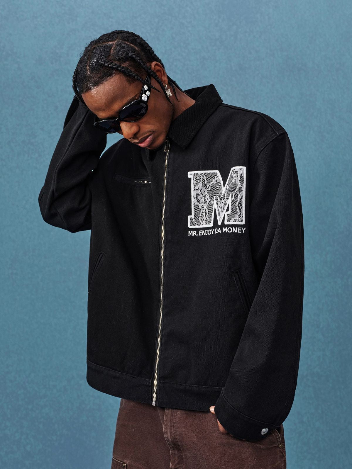 MEDM Lace Appliqu Detroit Jacket in Black - On Male Model