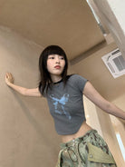 NeverSeez Lace Bow Graphic Baby Tee in Gray - On Model