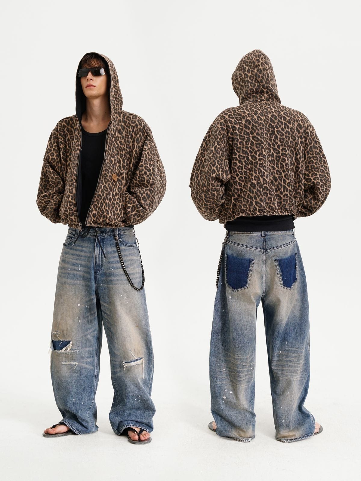 MasonPrince Reversible Leopard Hooded Jacket in Black - On Model