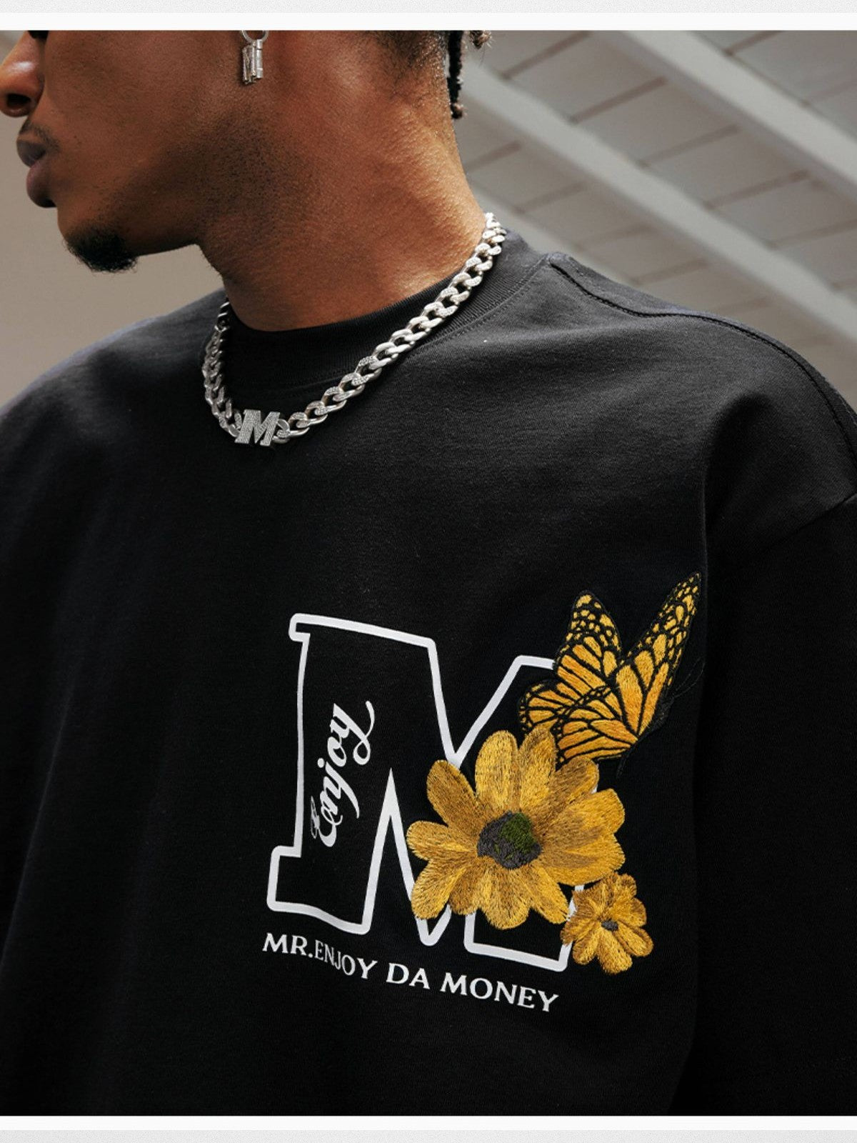 MEDM Butterfly Garden Cotton T Shirt in Black - On Male Model