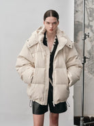 NANS Corduroy Texture Down Puffer Jacket in White - On Female Model