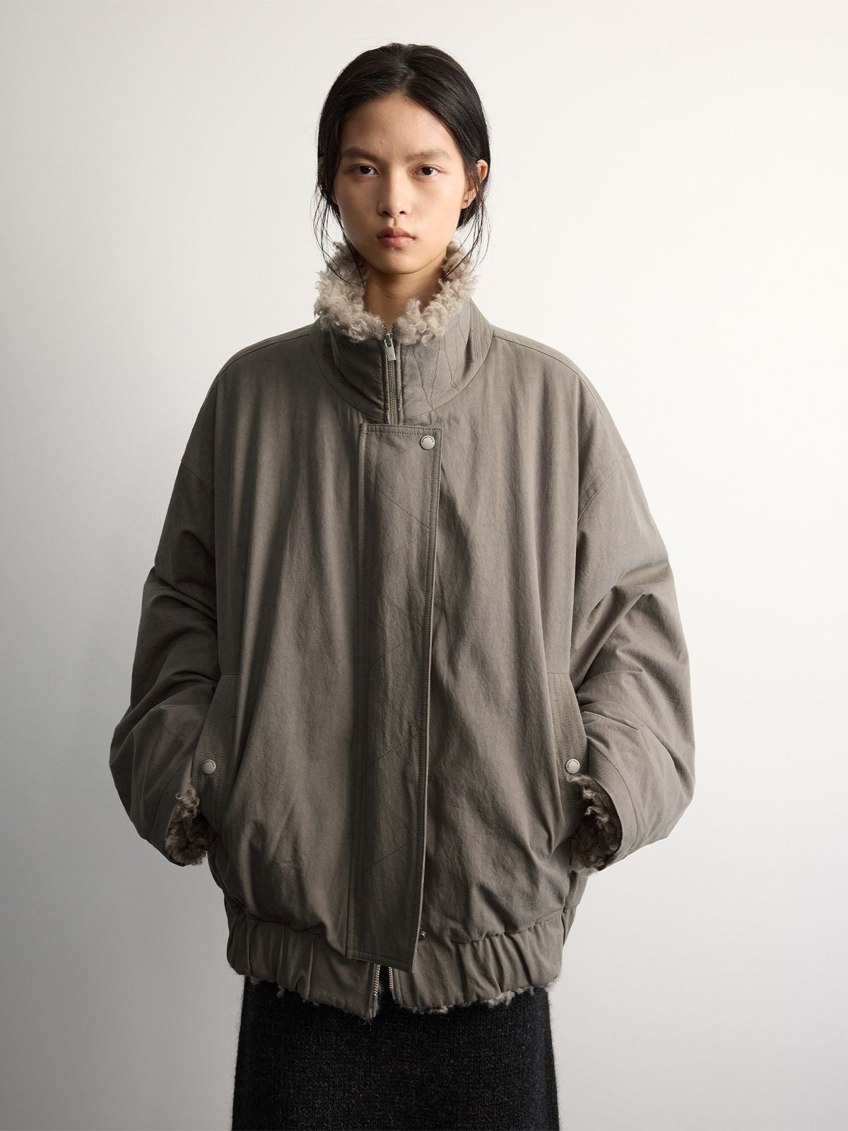 RandomPiece Washed Cotton Wool Padded Jacket in Olive - On Model