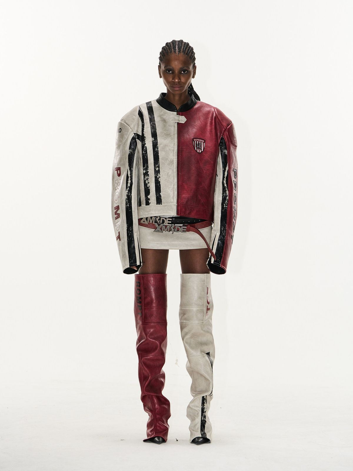 BLINDNOPLAN Distressed Faux Leather Racer Jacket in White - On Model